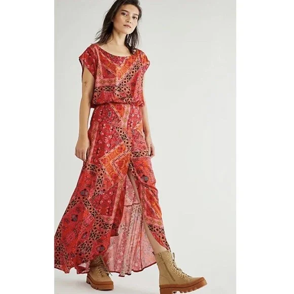 Free People Women Red Multicolor Printed Blakely Tulip Maxi Boho Dress Size M - Picture 1 of 10